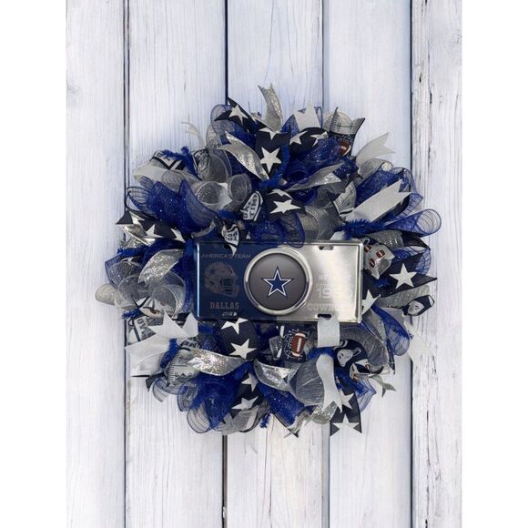 Premium Dallas Cowboys Wreath | Blue Silver Mesh Door Decor | NFC East 1960 Sign - Picture 1 of 5
